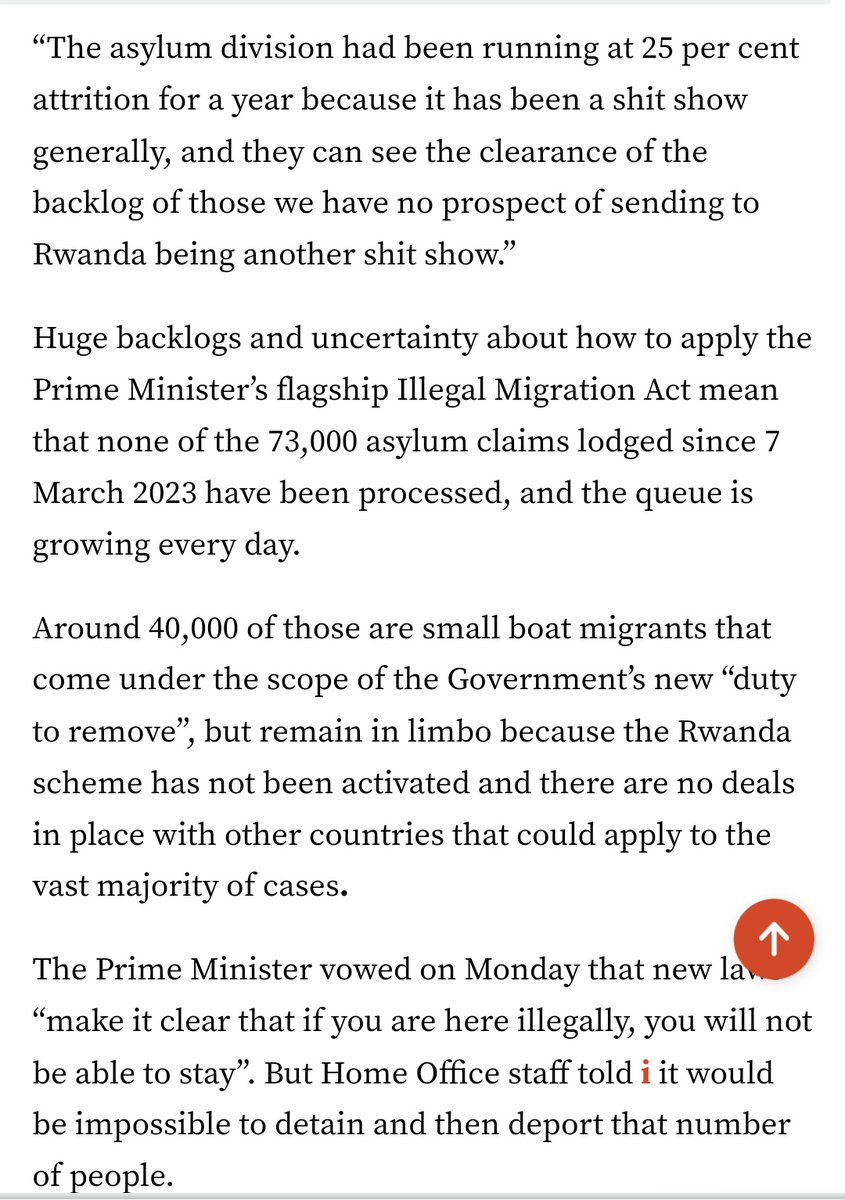 Civil servants forced to implement Sunak's Rwanda plan say 'the law is unworkable, not just inhumane'. None of 73,000 asylum claims lodged since 7th March have been processed+the queue grows every day. Home Office staff say it's impossible to detain+deport that many people!🧐⬇️