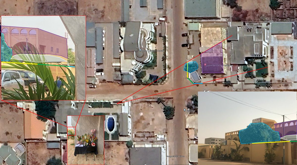 Location of the Russian Embassy in Ougadougou, Burkina Faso. Image 1: Photo taken from the gate looking towards the court yard and the embassy. Image 2: Photo taken from the gate looking east towards the medical center L'espérance. 12.31049, -1.52118 @GeoConfirmed