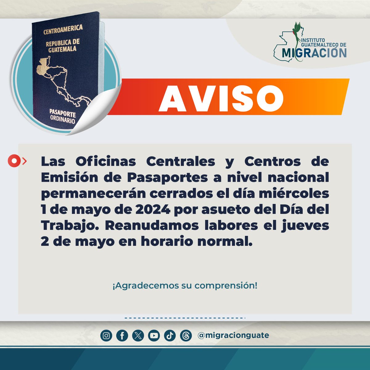 #Aviso | Las Oficinas Centrales y Centros de Emisión de Pasaportes a nivel nacional permanecerán cerrados el día miércoles 1 de mayo.