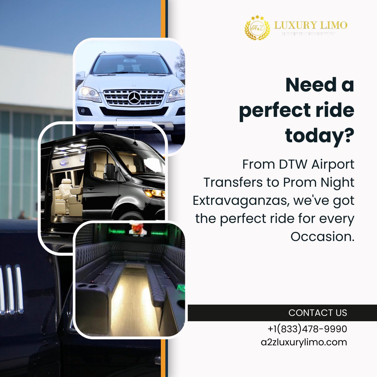 Need a perfect ride today?
From DTW airport transfers to prom night extravaganzas, we've got the perfect ride for every occasion.

#RideInStyle #ArriveInLuxury #PerfectRide #DTWTransfers #LuxuryTransportation #MemorableJourneys #ElegantArrivals #TravelInComfort