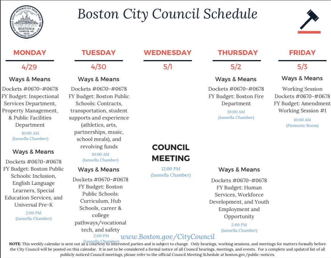 Here is this week’s schedule for the @boscitycouncil. Tune in for today’s budget hearings: 10:30a.m: Inspectional Services Department, Property Management, & Public Facilities Department (Iannella Chamber) 2:00p.m: Boston Public Schools: Inclusion, English Language Learners,…