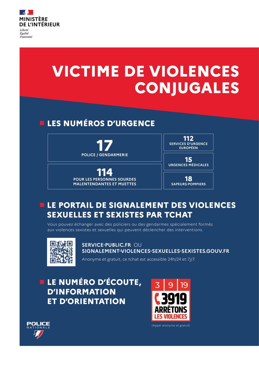 [#NeRienLaisserPasser] 
 #ViolencesConjugales
Si vous êtes témoins ou victimes, ayez le réflexe 📞17 
 #policesecours , ou le 3919 ou par SMS au 114  
Les policiers de #Savoie sont présents 7j/7 24h/24 pour vous #Protéger