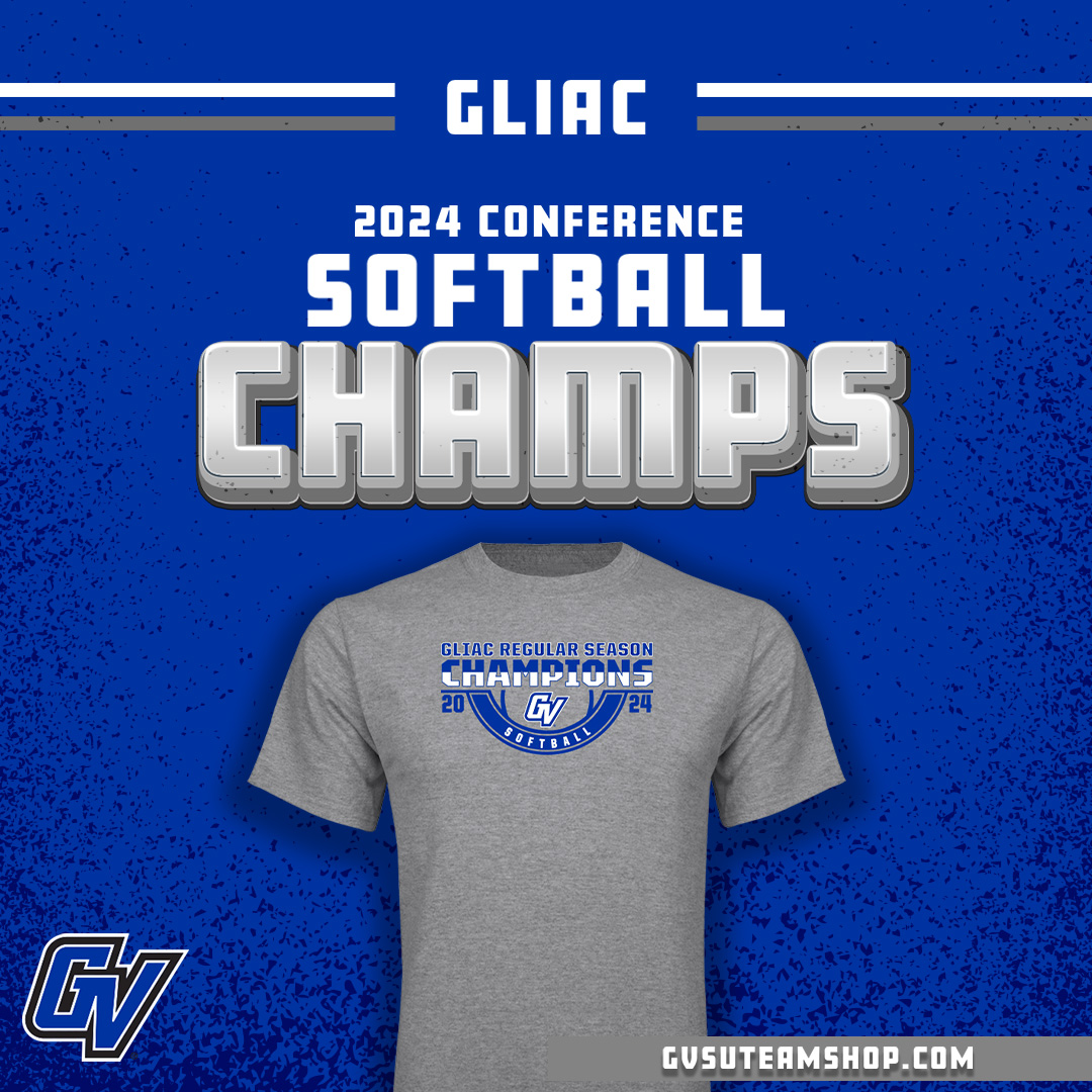 GVSU Softball GLIAC Champs merchandise is now available on the GVSU Team Shop. Don't wait! Grab your t-shirt today! Link in the @GVSUSoftball bio. 🏆 #AnchorUp