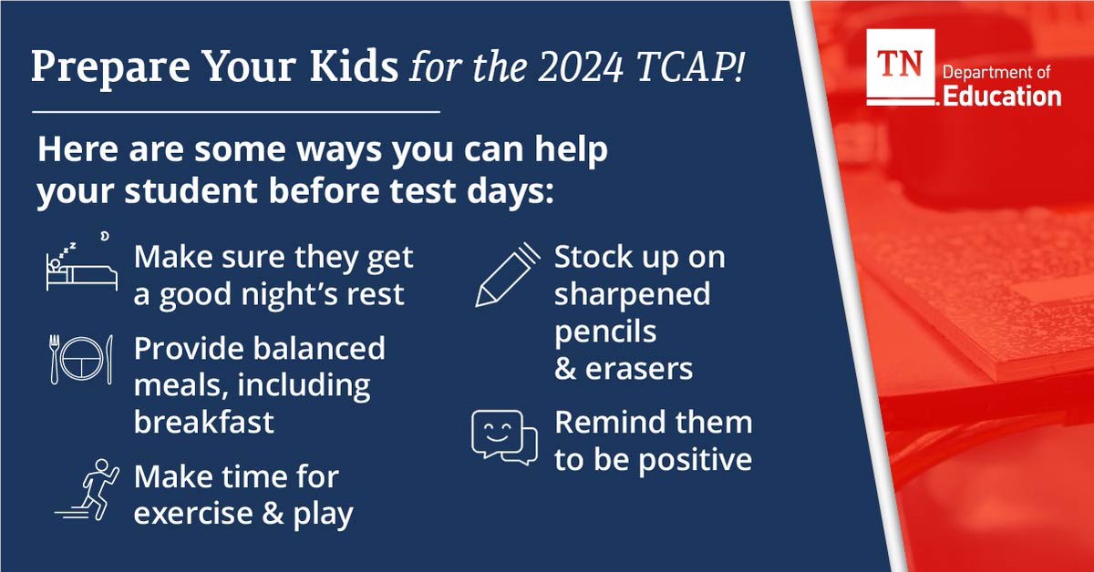 TN FAMILIES: With the last week of spring testing in full swing, check out these tips to help your child succeed on the #TNTCAP. Good luck to all our Tennessee students! 📝
