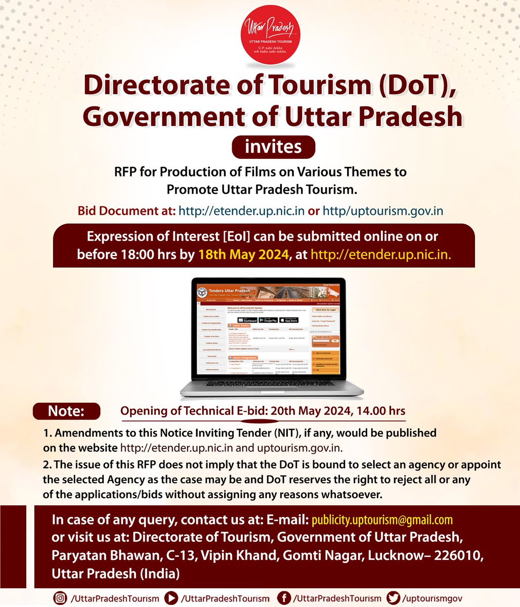 The Department of Tourism is pleased to announce the release of a Request for Proposals (#RFP) for the #ProductionOfFilms on various themes aimed at promoting #UttarPradeshTourism.