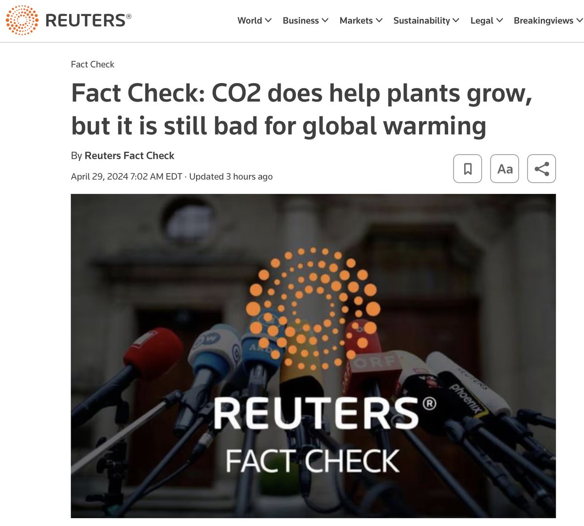 Idiots at @ReutersFacts 'fact check' that plants need CO2 but it's still bad: Some commercial greenhouses do use CO2 to boost plant growth in controlled environments, but that does not negate that the gas remains a key cause of global warming.🙄 Pumping the climate hoax means…