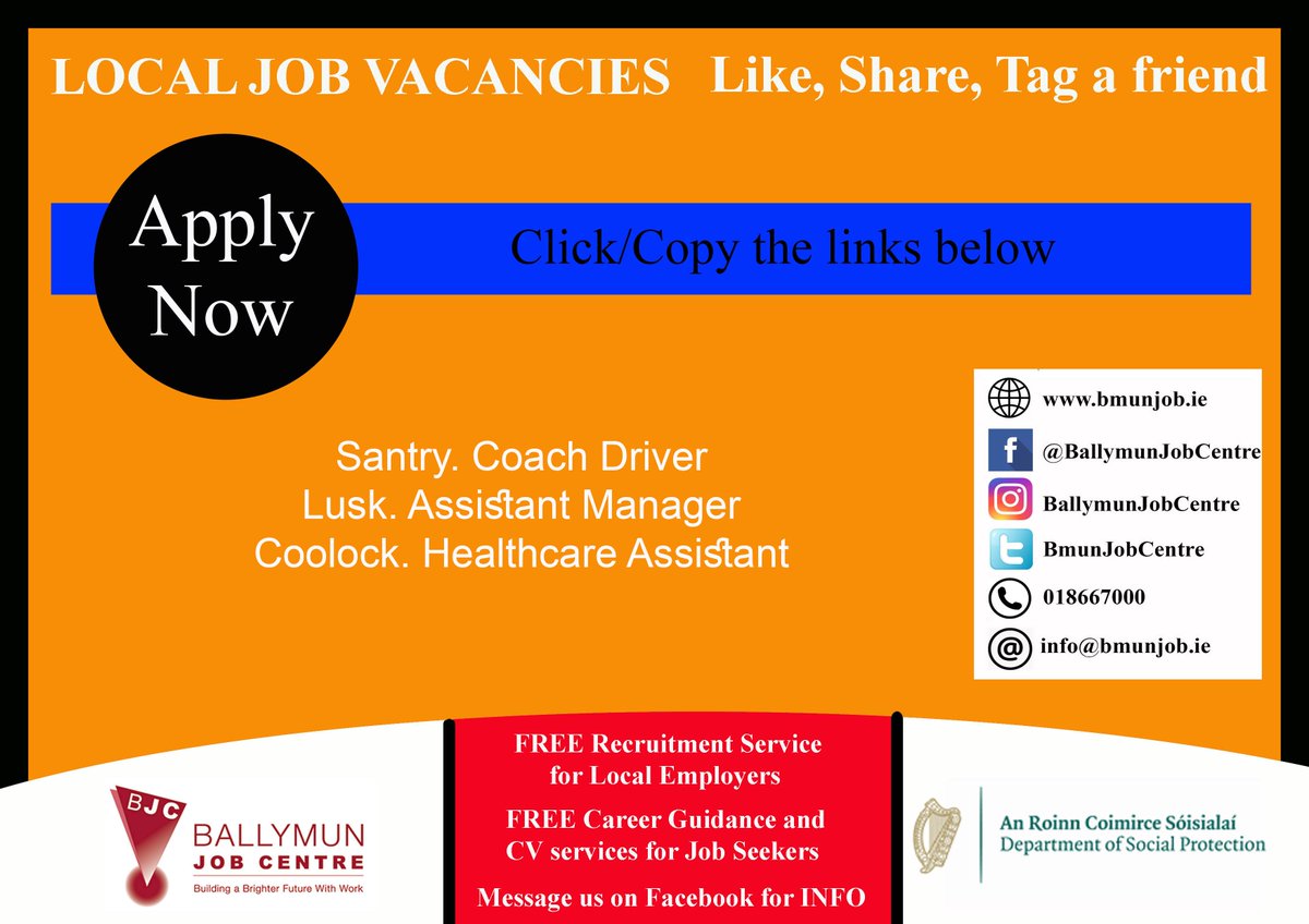 👉 Visit us at: Bmunjob.ie Vacancies #bmunjob #jobfairy #dublinjobS Santry. Coach Driver is.gd/p5BiV9 Lusk. Assistant Manager applegreen-stores.rezoomo.com/job/64558/ Coolock. Healthcare Assistant is.gd/y041Yf