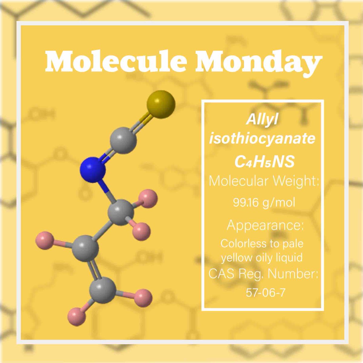Do you know about allyl isothiocynate, a molecule that can be enjoyed in food, but should be avoided otherwise? Learn more about this molecule at acs.org/molecule-of-th…. Images used in this post are from asc.org.