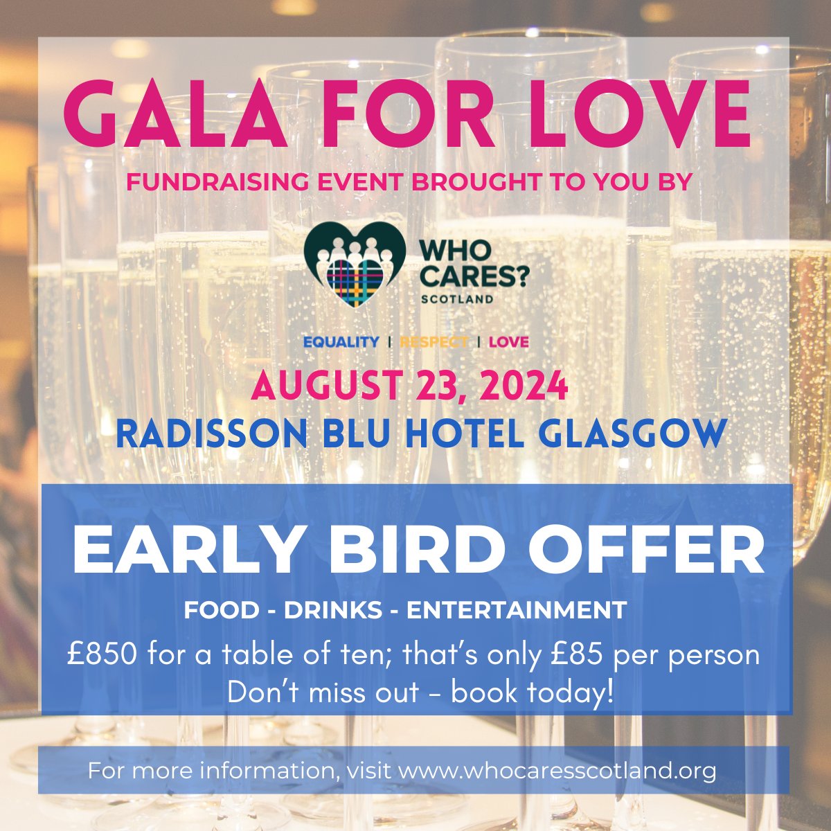 Don't miss out on our special Early Bird Offer for the 2024 Gala for Love! This is your chance to secure a table for ten at the discounted rate of £850. Book your tickets before it's too late: ow.ly/8R5v50RqPHZ #GalaForLove2024 #CareExperience #GalaDinnerGlasgow