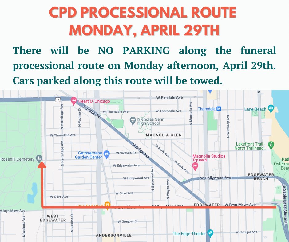 In honor of the funeral processional for Officer Luis Huesca, there will be no parking along the processional route this Monday, April 29th. Any cars parked along this route will be towed.