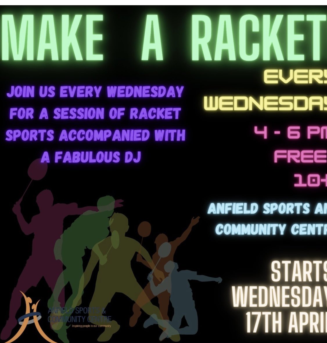 Join us for a relaxed rackets session each Wednesday , music and fun without any pressure just play your way for as long as you like. Badminton and tennis across the session with time to socialise with friends. Free and equipment is provided, just come along and try it out.