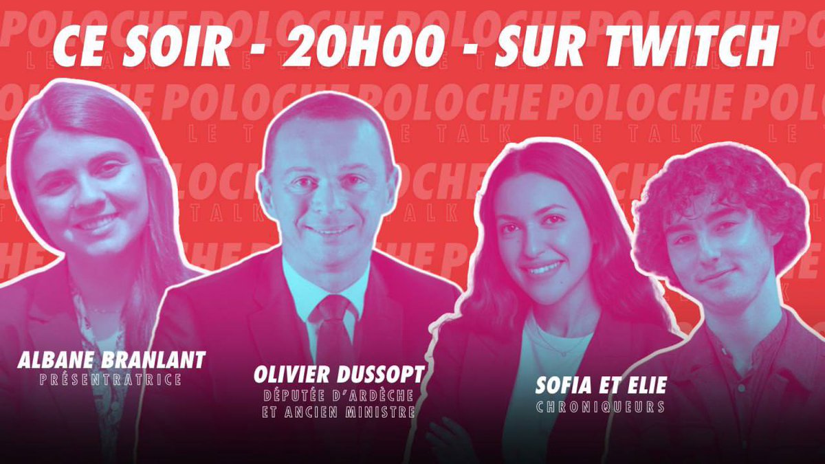 🔴 #PolocheLeTalk en direct sur Twitch ce soir à 20h ! Nous recevons l'ancien ministre @olivierdussopt, député d’Ardèche et secrétaire général délégué de @Renaissance. 🎙️ Avec notre présentatrice @AlbaneBlt et nos chroniqueurs @SofiaHim et @ElieHalphen À ce soir 👉…