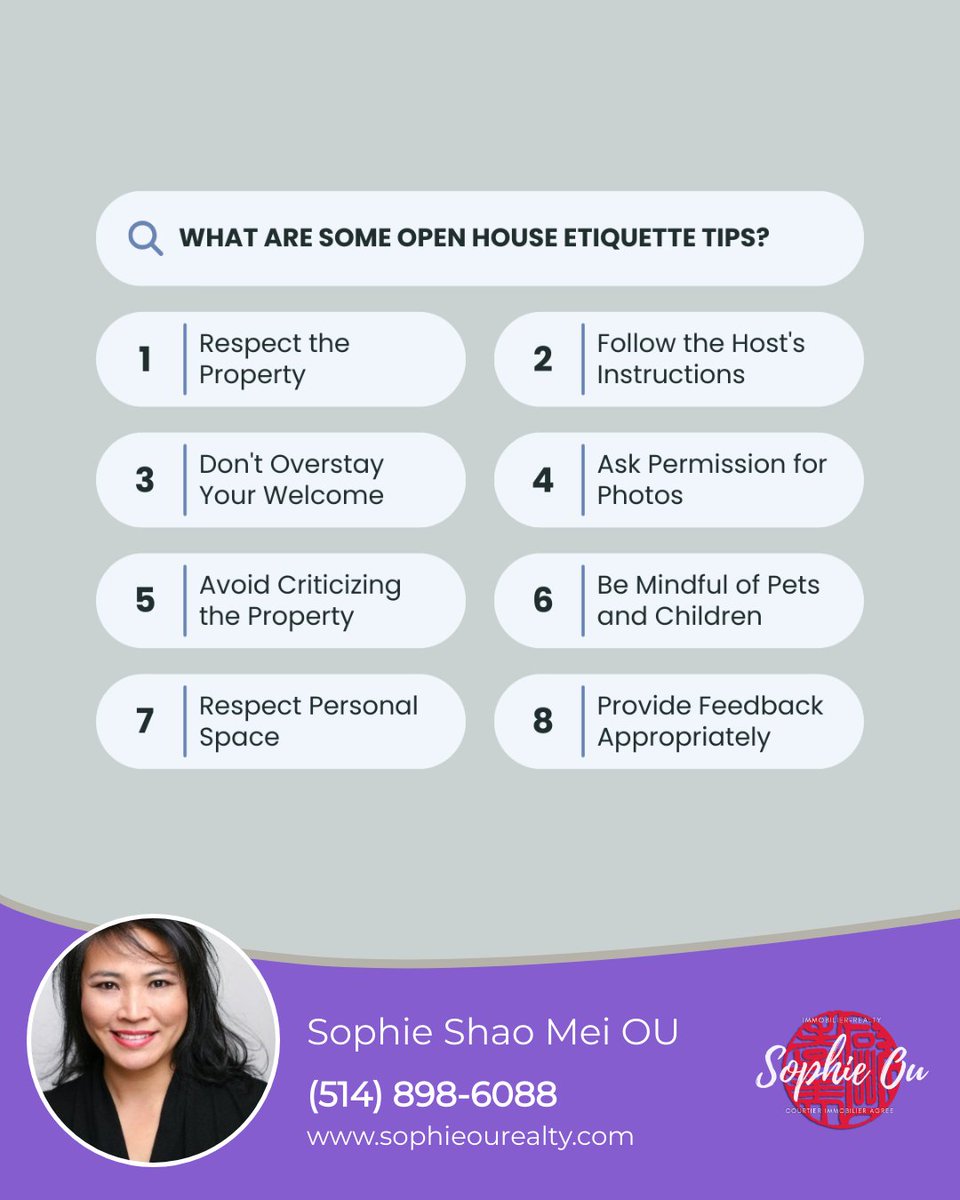 Heading to an open house? Remember to respect the property, follow the host's lead, and provide thoughtful feedback. These little courtesies go a long way! Looking for more open house tips? Let's connect. #montreal #westisland #kirkland #DDO #beaconsfield #pierrefonds