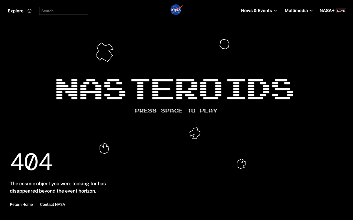 fairpixelsco's tweet photo. dear @NASA we redesigned your 404 page, please let us play NASTEROIDS. 

#nasa #software #ui https://t.co/vDjvhbiDfp