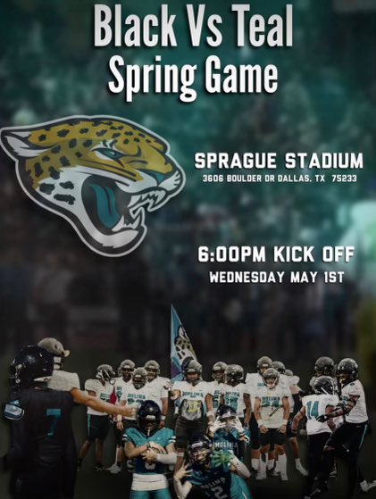 Molina Football (@molinafootball) on Twitter photo Molina Black vs. Teal Spring game Wednesday! Go Jags! @ronmurrayjr
@deAnthony91 <a href="/jmc_fam/">Jeremy mc</a> @matt_stepp817 <a href="/dallasathletics/">Dallas ISD Athletics</a> <a href="/Coachbru3/">Coachbru</a> <a href="/JacobNunez27/">Jacob Nuñez</a> <a href="/MolinaHigh/">Moises E. Molina High School</a> Molina Black vs. Teal Spring game Wednesday! Go Jags! @ronmurrayjr
@deAnthony91 <a href="/jmc_fam/">Jeremy mc</a> @matt_stepp817 <a href="/dallasathletics/">Dallas ISD Athletics</a> <a href="/Coachbru3/">Coachbru</a> <a href="/JacobNunez27/">Jacob Nuñez</a> <a href="/MolinaHigh/">Moises E. Molina High School</a>