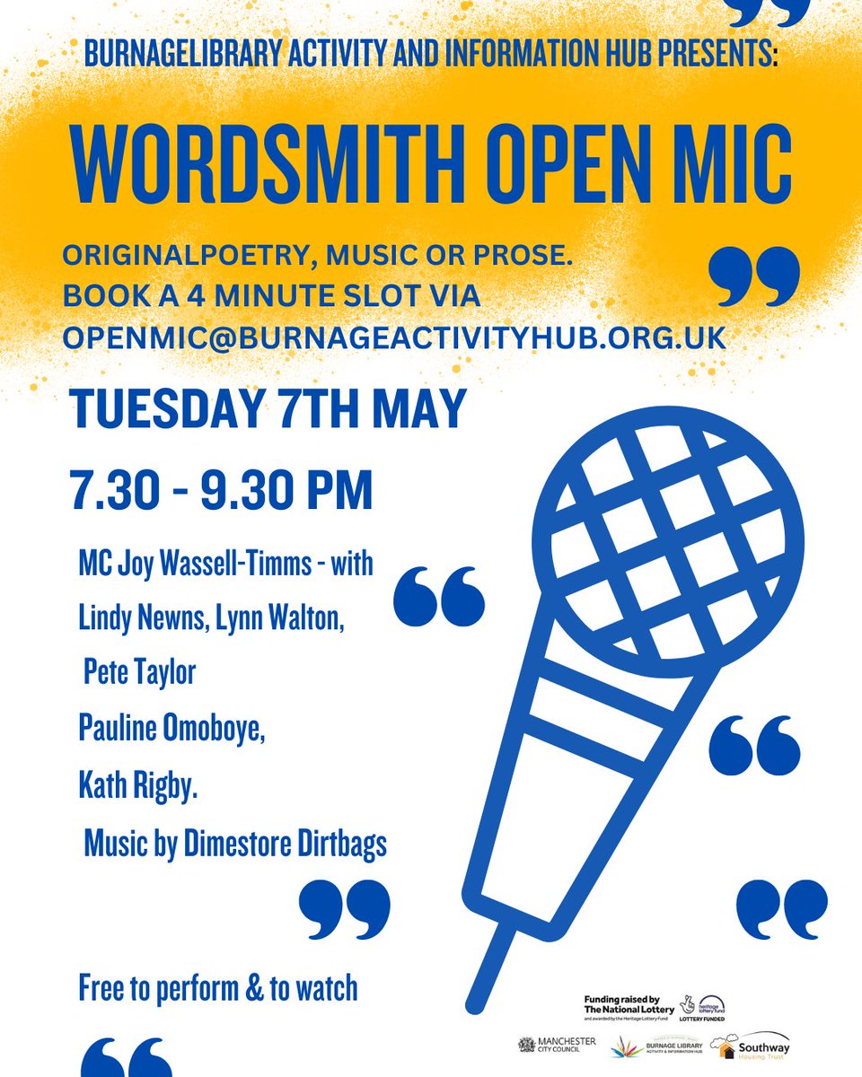 Burnage Library (@burnagelibrary) on Twitter photo Date for your diaries! Fab line-up at our Wordsmith Open Mic night at Burnage Library next Tuesday evening. <a href="/MancLibraries/">Manchester Libraries</a> Date for your diaries! Fab line-up at our Wordsmith Open Mic night at Burnage Library next Tuesday evening. <a href="/MancLibraries/">Manchester Libraries</a>