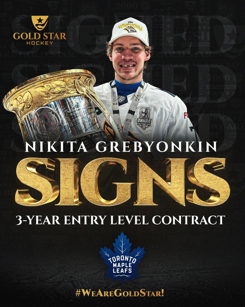 KHL Gagarin Cup Champion Nikita Grebyonkin agreed to terms with Toronto #LeafsForever on 3 year NHL Entry Level Contract which would start during immediately during the 2023-2024 season. #WeAreGoldStar!