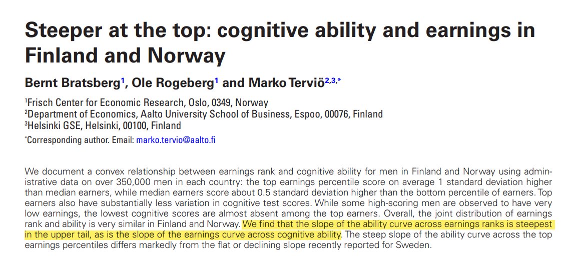 New study shows that, in Finland and Norway, the relationship between cognitive ability and income becomes *steeper* in the tail of the distribution. This is contrary to common assertions that ability stops mattering at some moderate threshold.