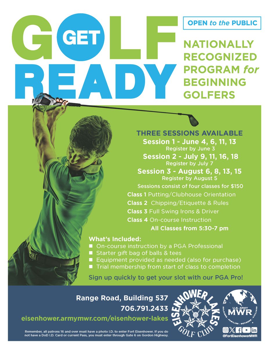 ⛳️Interested in learning the ins & outs of golf?⛳️

Eisenhower Lakes Golf Club is ready to help out! The Get Golf Ready program returns this summer.  All classes are from 5:30 - 7:00 pm.

To sign up or for more details, call at 706-791-2433.

#EisenhowerMWR #EisenhowerLakes