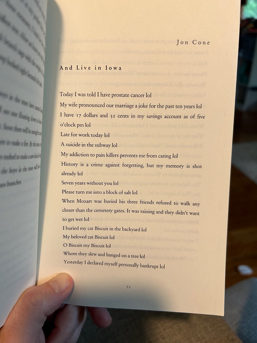 Fought through some overthinking and got a handful of words on the page yesterday, but mostly continued flipping through this Caketrain. This @JonCone poem is devastating and perfect.