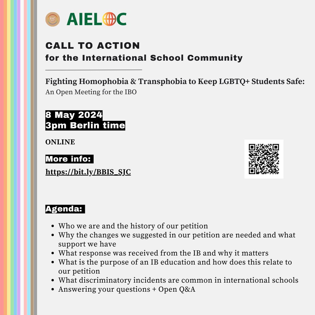 Kristina Pennell-Götze (she/her) (@kristinapennell) on Twitter photo Where are the BBIS Social Justice Committee students one year after the launch of their petition for the <a href="/iborganization/">International Baccalaureate</a> to fight homophobia and transphobia in our international schools? Learn more at their open meeting next week!
Register here: sites.google.com/bbis.de/bbis-s… Where are the BBIS Social Justice Committee students one year after the launch of their petition for the <a href="/iborganization/">International Baccalaureate</a> to fight homophobia and transphobia in our international schools? Learn more at their open meeting next week!
Register here: sites.google.com/bbis.de/bbis-s…