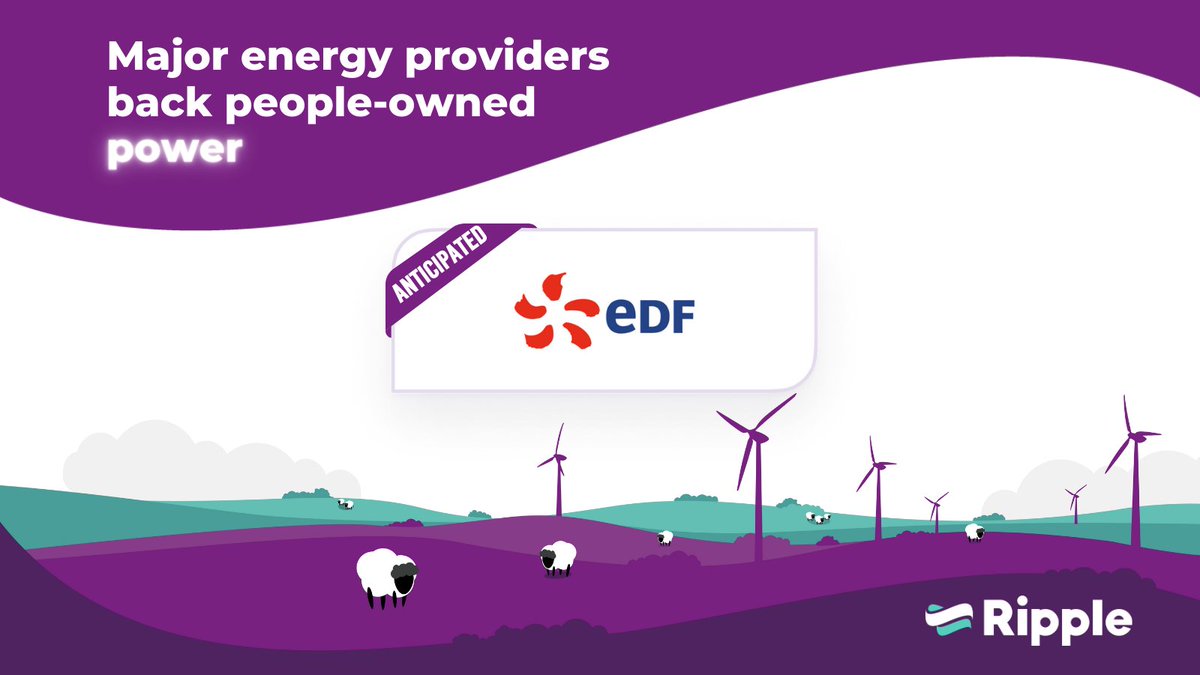 Big news! @edfenergy is ready to join Ripple Energy as an anticipated energy supplier, just in time for what's set to be the UK's biggest people-owned wind farm, Whitelaw Brae. @edfenergy customers who sign up to Ripple will soon be able to own their own source of clean power and…