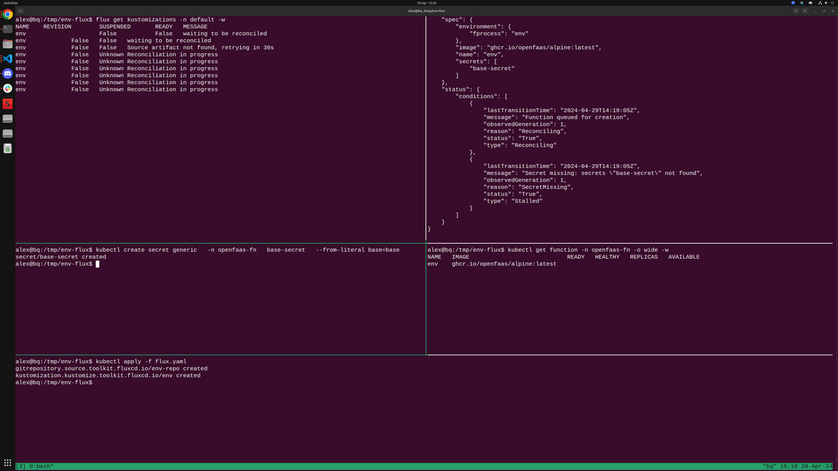 Here's the @openfaas Function Custom Resource working with @fluxcd's Kustomize controller It's stalled due to a missing secret. 1/2