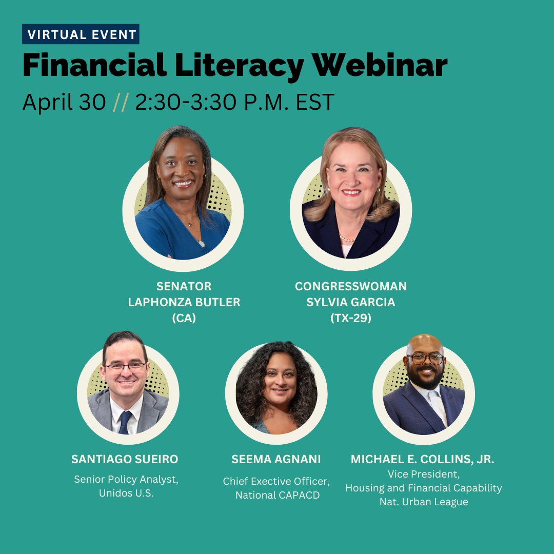 Join us with @CAPACD, @NatUrbanLeague, and @WeAreUnidosUS for a Financial Literacy Webinar on Tuesday, April 30th, from 2:30 to 3:30 p.m. ET. RSVP here: bit.ly/4dgwuzY