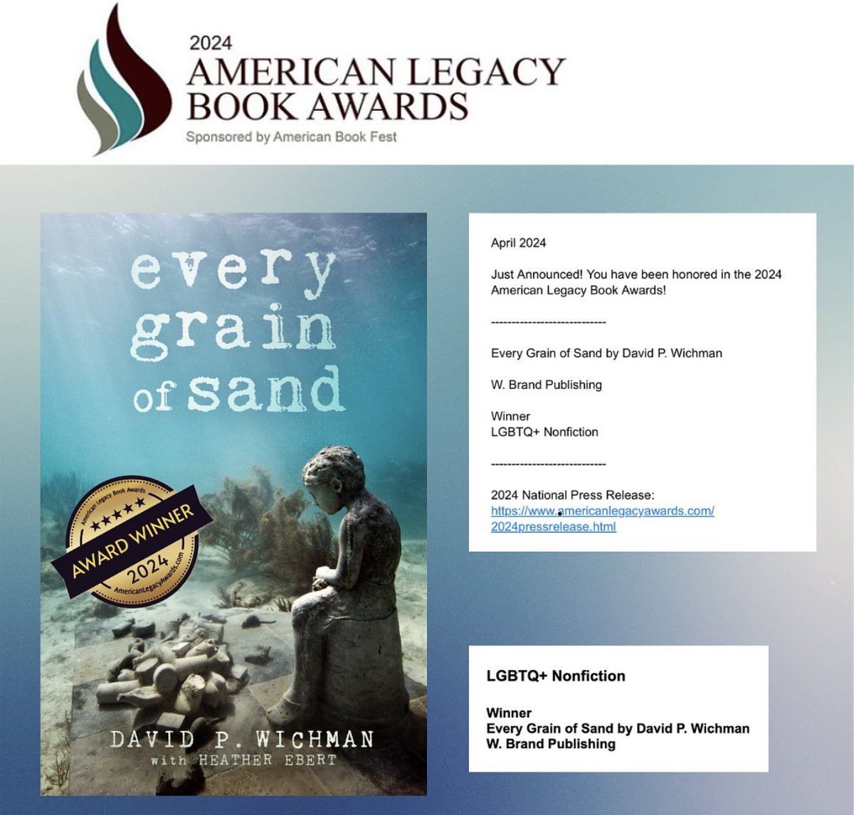 🎉 Congrats, @David_Wichman, for EVERY GRAIN OF SAND winning the @AmerBookFest (LGBTQ+ Nonfiction) tinyurl.com/2pz2rvkd, a moving #memoir that recounts his recovery from addiction & his spiritual journey toward love & belonging tinyurl.com/4mry95s3 #BookAward