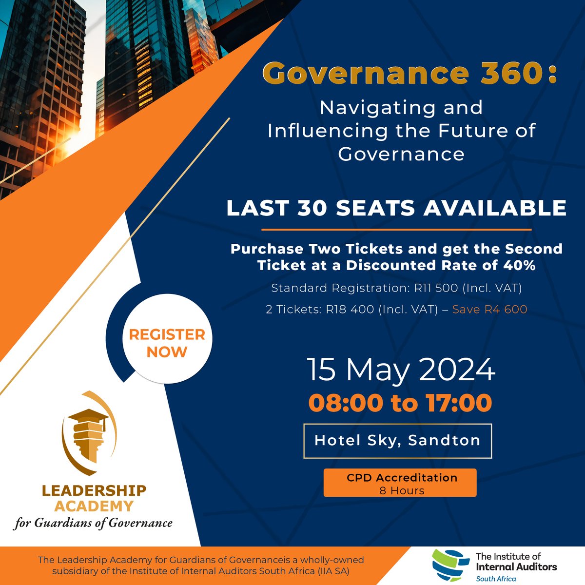 Register now - evolve.eventoptions.co.za/register/gover… – and save R4600 on your second ticket, i.e. a 40% discount, when you buy two tickets   for the upcoming Governance 360: Navigating and Influencing the Future of Governance Conference. Only 30 seats left!

@IIASOUTHAFRICA