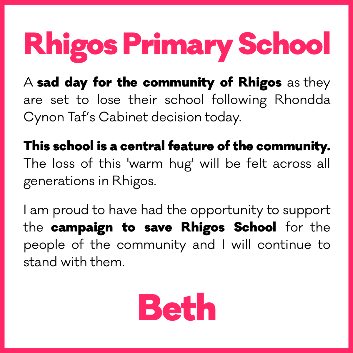 A sad day for the community of Rhigos as they are set to lose their school following RCT's Cabinet decision today. I am proud to have had the opportunity to support the campaign to save Rhigos school for the people of the community and I will continue to stand with them.