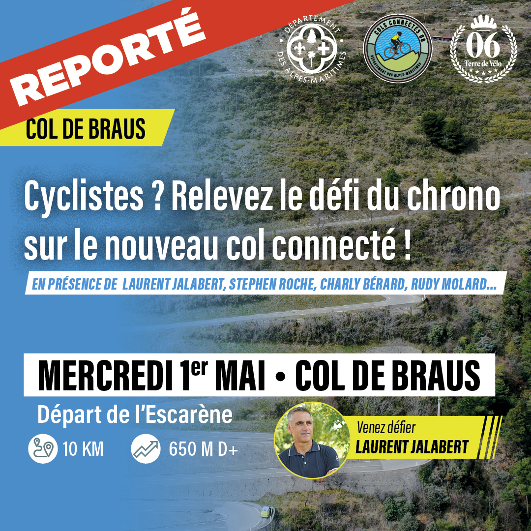 #REPORT En raison des conditions météorologiques ⛈️, le lancement des cols connectés 06 prévu initialement mercredi 1er mai au Col de Braus est reporté ! La date de report vous sera communiquée prochainement. #TerreDeVélo06 #Sport06 #AlpesMaritimes