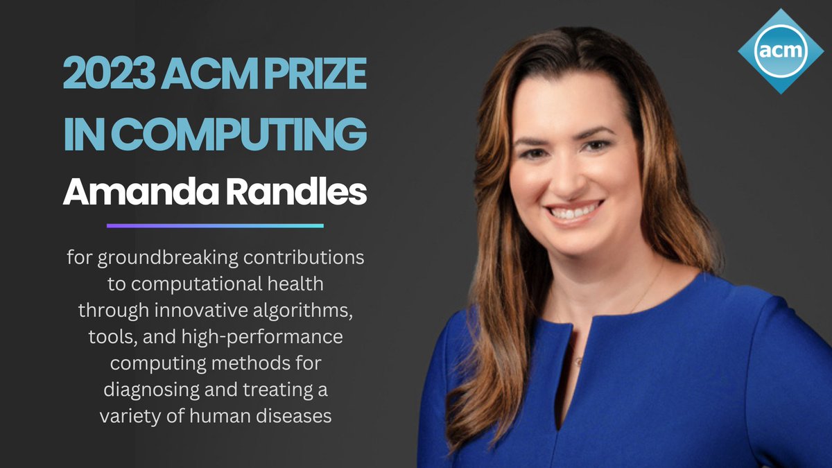 Congratulations, Amanda Randles (@amanda_randles @RandlesLab) on receiving the 2023 #ACMPrize in Computing! Randles is recognized for her groundbreaking contributions to computational health through innovative algorithms, tools, and #HPC methods acm.org/media-center/2…