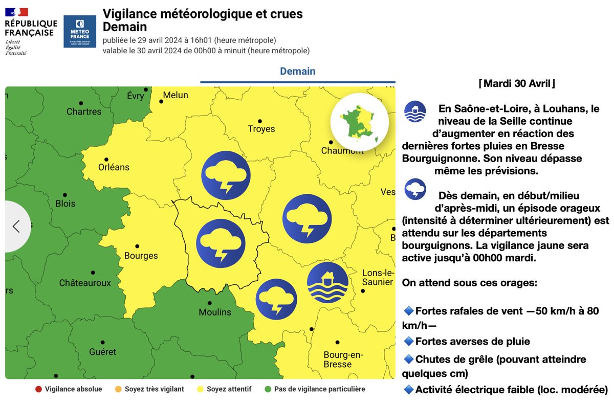 🟨⌈#VigilanceJaune⌋➡️ #CRUE 🌊 — #ORAGES ⛈️

@meteofrance place l’ensemble de la #Bourgogne en vigilance en raison d’orages pouvant être localement fort. 

🌊Maintient de la Seille (Louhans (71)) en vigilance par @Vigicrues .