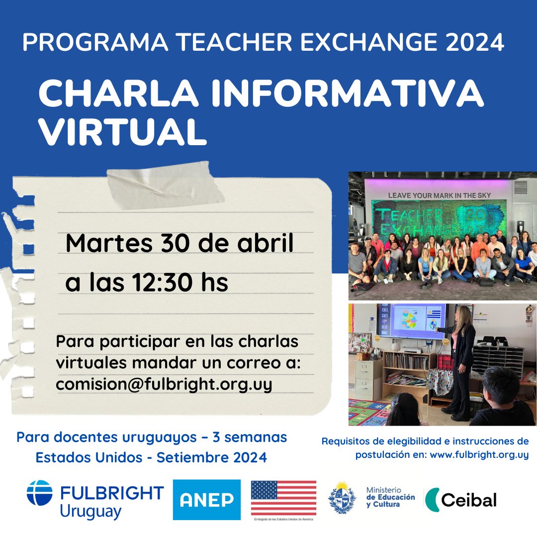 🇺🇸📢 ¡Es mañana! Participá en la próxima charla informativa el martes 30 de abril a las 12:30 por Zoom. Para participar mandar un correo a comision@fulbright.org.uy La convocatoria seguirá abierta hasta el 12 de mayo. @usembassyMVD @MEC_Uruguay @ANEP_Uruguay @Ceibal_Uy