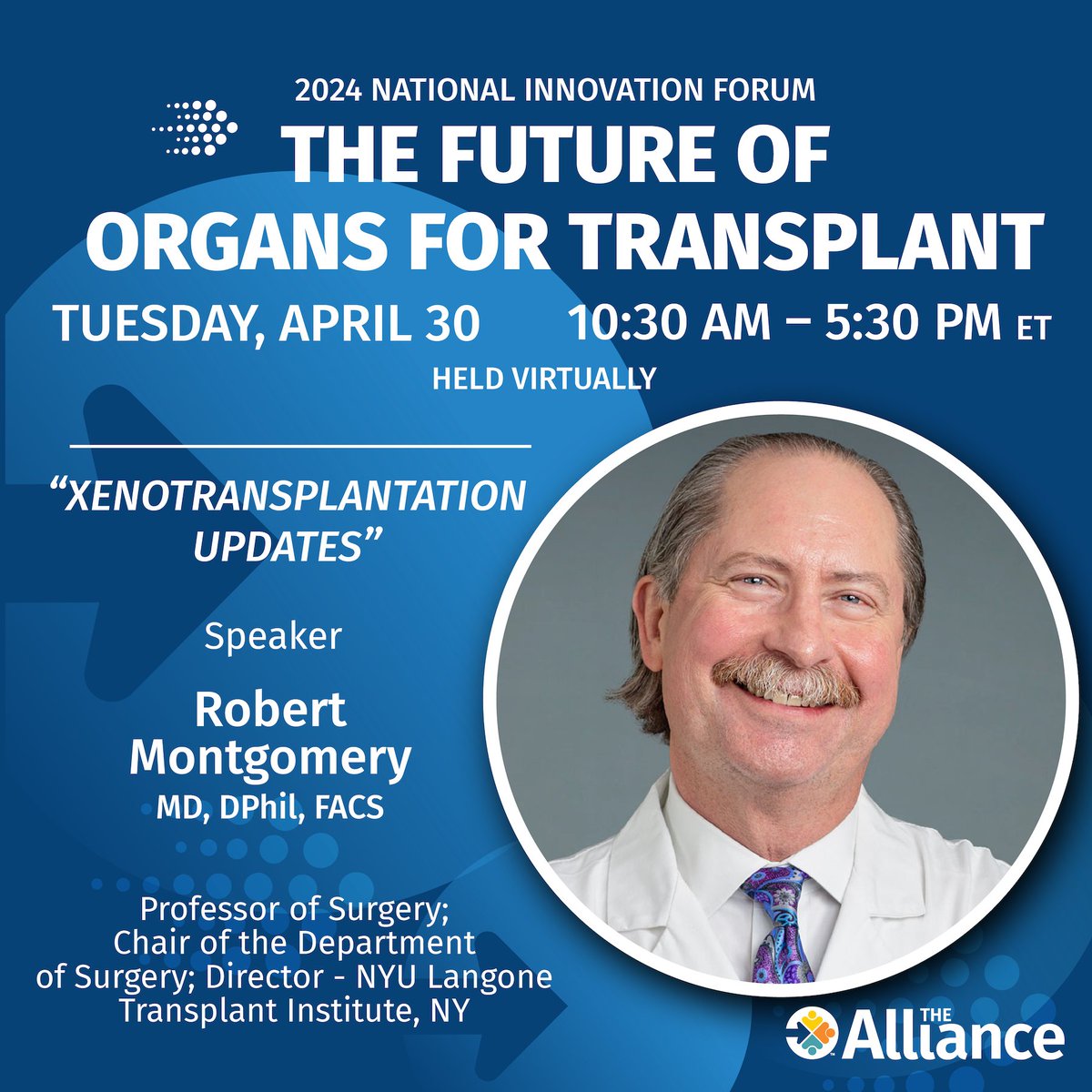 🌟 Exciting news! 🌟 Join us TOMORROW, April 30th, for an exclusive discussion on #Xenotransplantation featuring Dr. Robert Montgomery, Chair of Surgery & Director of NYU Langone Transplant Institute, and other top experts. Don't miss out—register now: bit.ly/3vRPp3d
