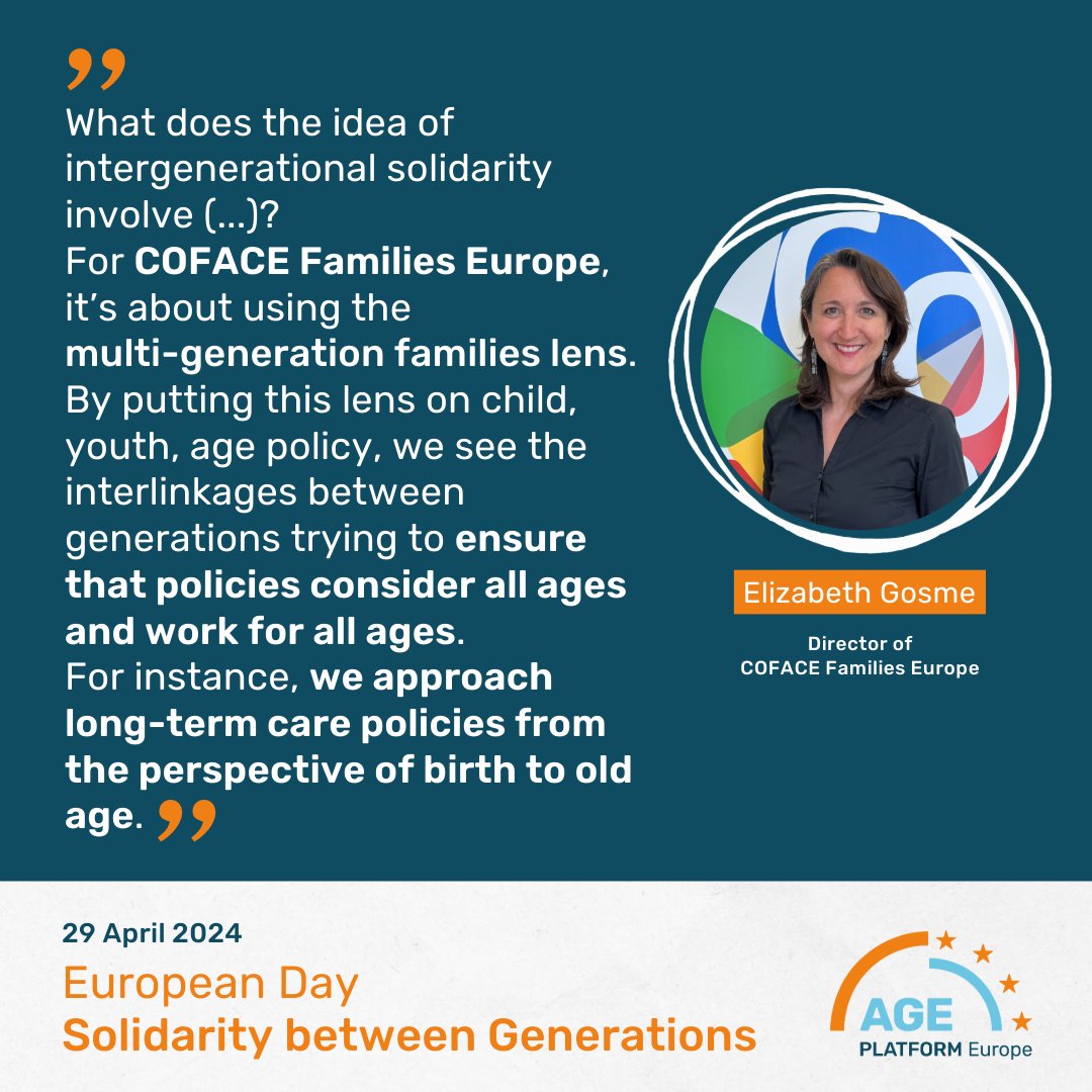 🤝 Today, we continue to celebrate #SolidarityBetweenGenerations with the contribution of Elizabeth Gosme, @COFACE_EU, who highlights the importance of implementing a multi-generational family lens to ensure that policies work for ALL ages. 👉 bit.ly/SolidarityBetw…