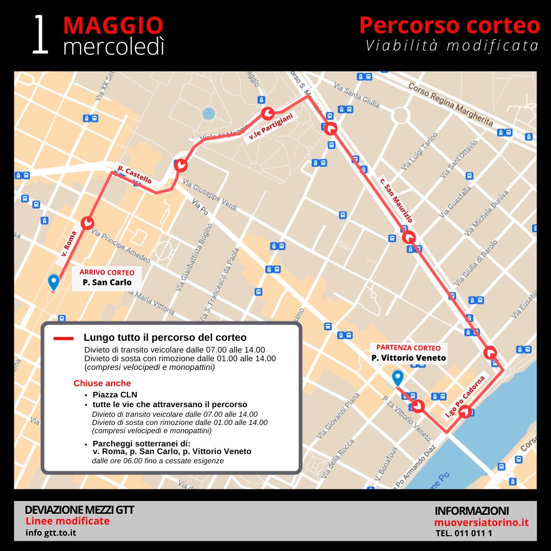 Corteo Primo Maggio. Modifiche viabili #Torino torinoclick.it/trasporti/cort…