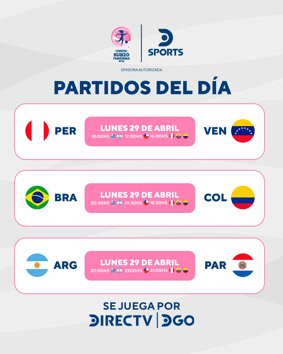 ¡COMIENZA A DEFINIRSE LA HISTORIA! 🔥🏆 🤯 Perú y Venezuela juegan una final por la última plaza del CONMEBOL #SudamericanoSub20FemeninoEnDSPORTS. ⚽ Brasil y Colombia se disputan el primer lugar, mientras que Argentina y Paraguay cierran la jornada. ¡Se juega por DIRECTV y