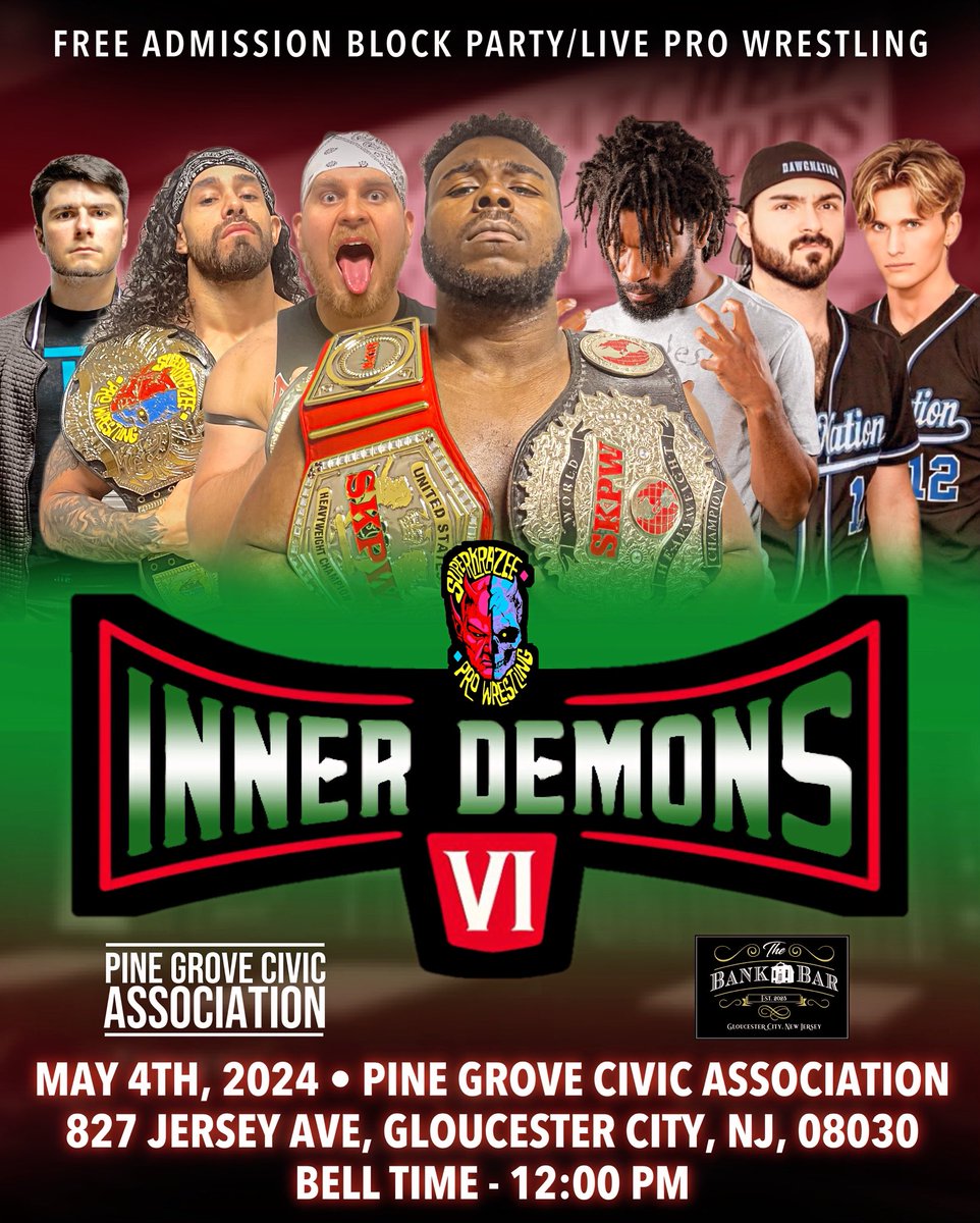 We outside! Bbq Food Stand, bouncy house, activities for the kids &professional wrestling! Come celebrate our 6th anniversary Cinco de Mayo weekend! 🚨FREE ADMISSION🚨 Inner Demons 6 - The Block Party! Pine Grove Civic Association 827 Jersey Avenue Gloucester City, NJ 08030.