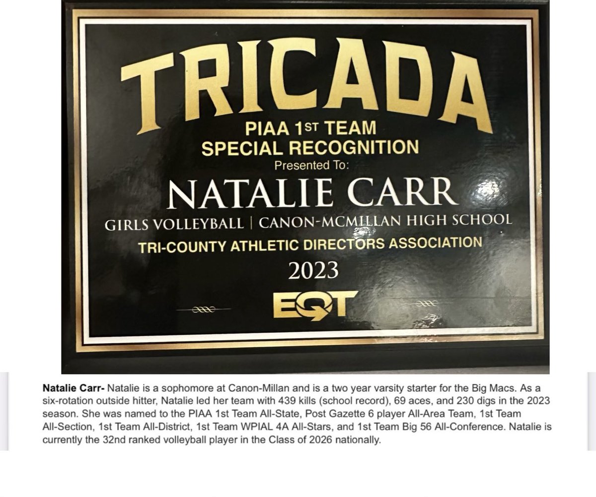 Thank you to the Tri-County Athletic Directors Association for presenting me with an award for my volleyball achievements at their banquet yesterday. And congrats  to <a href="/CMVB_Nation/">CMVB Nation</a> Coach Mitchell &amp; my teammate <a href="/Abby_Tucker2025/">Abby Tucker</a> for being honored as well! 💙💛 <a href="/wpial7/">WPIAL</a>  <a href="/PIAASports/">PIAA</a>