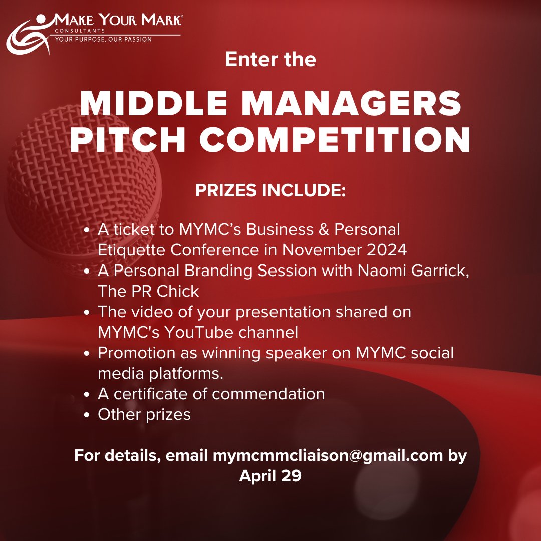 Now that you've signed up for MMC 2024, maximise your benefits 🏋️‍♀️ by entering the Middle Managers Competition! Prizes include a Personal Branding Session with Naomi Garrick, The PR Chick 🐥. Email mymcmmcliaison@gmail.com for details today. 
 #Leadershipdevelopment #changeisgood