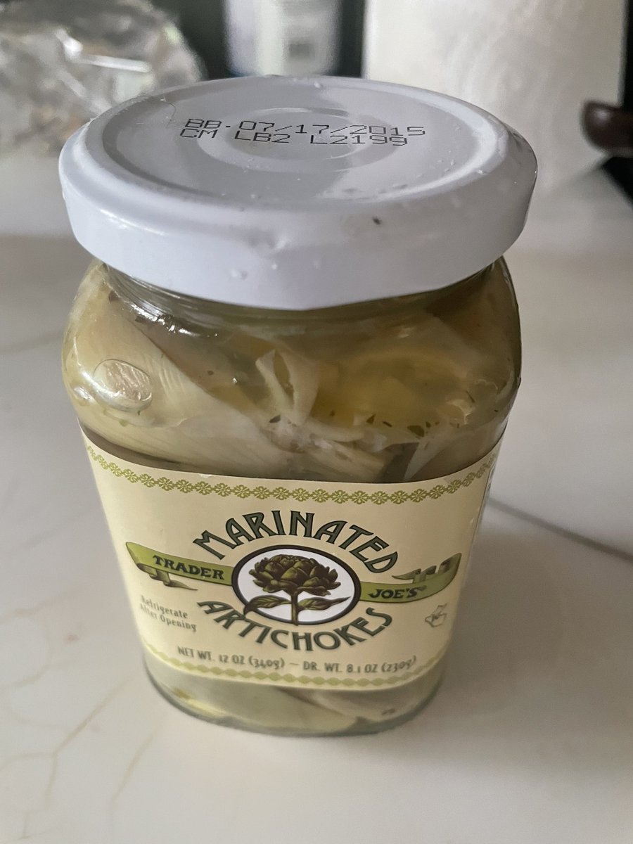 Welcome to the first installment of To Eat or Not To Eat, an exploration of stuff that’s been in our pantry or refrigerator for a long time. We have here a jar of Trader Joe’s Marinated Artichokes, exp. date 07/17/2015. To Eat or Not To Eat?