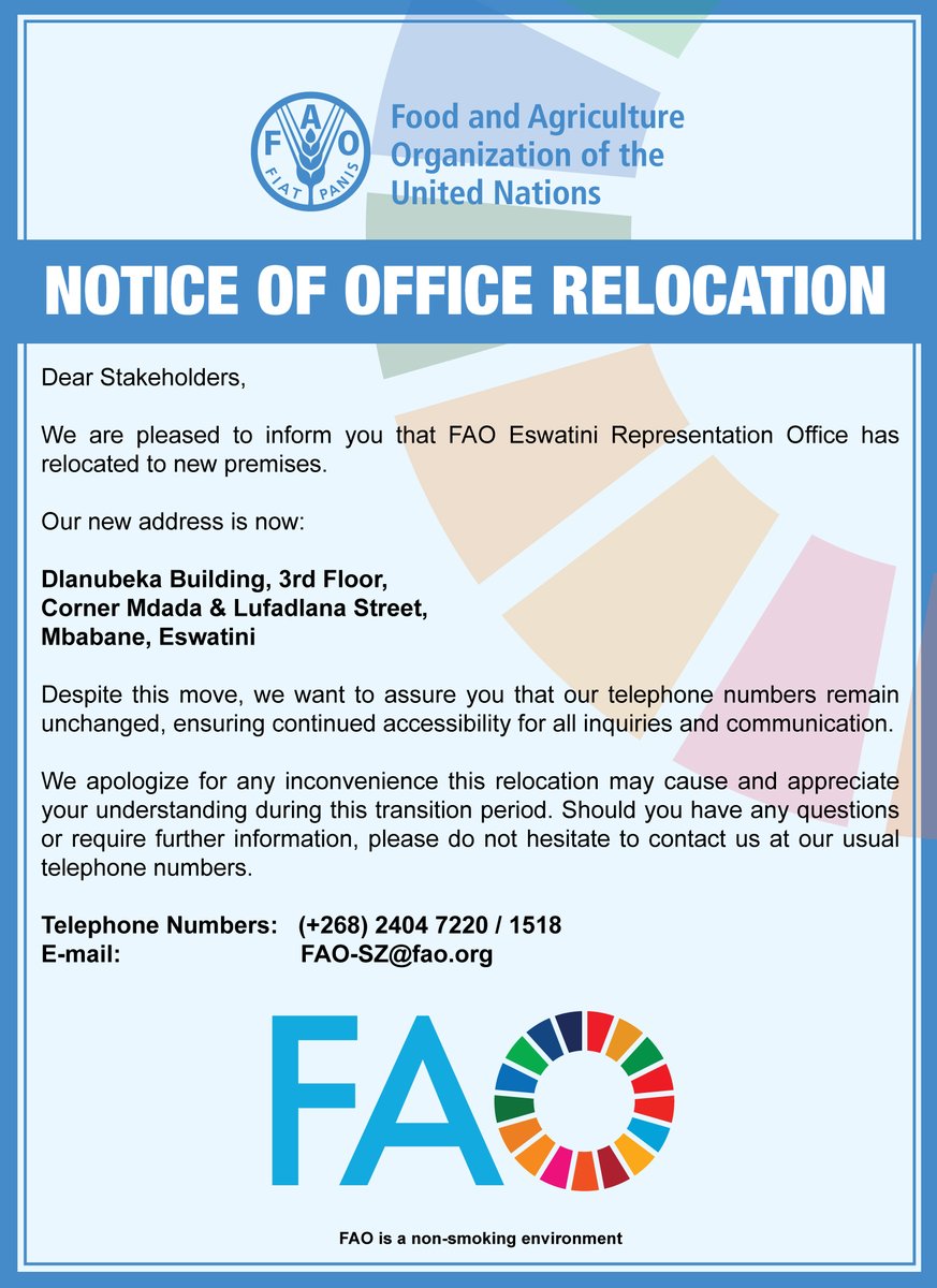 📢 Attention stakeholders! 📢 🚨 We've moved! 🚚 @FAOEswatini is now located at: Dlanubeka Building, Third Floor, Corner Mdada and Lufadlana Street, Mbabane, Eswatini 📞 Our telephone numbers remain unchanged, ensuring seamless communication with our office. #4Betters