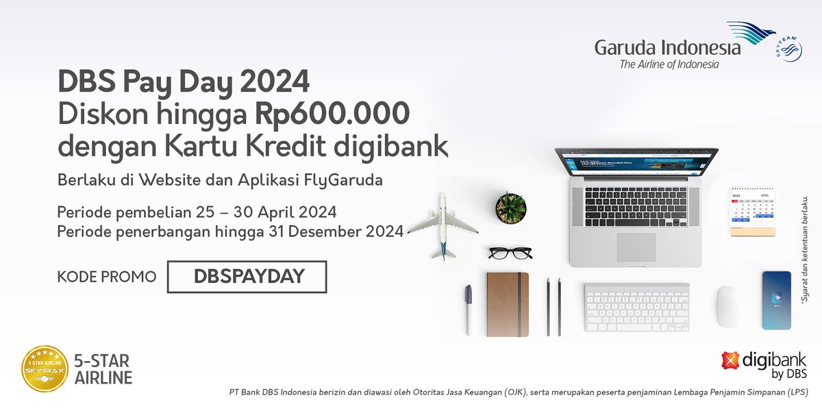 Payday lebih hemat bersama digibank! Gunakan kode promo DBSPAYDAY untuk pemesanan tiket melalui Website Garuda Indonesia dan Aplikasi FlyGaruda dan dapatkan potongan hingga Rp600.000 Info selengkapnya : garuda-indonesia.com/id/id/special-…