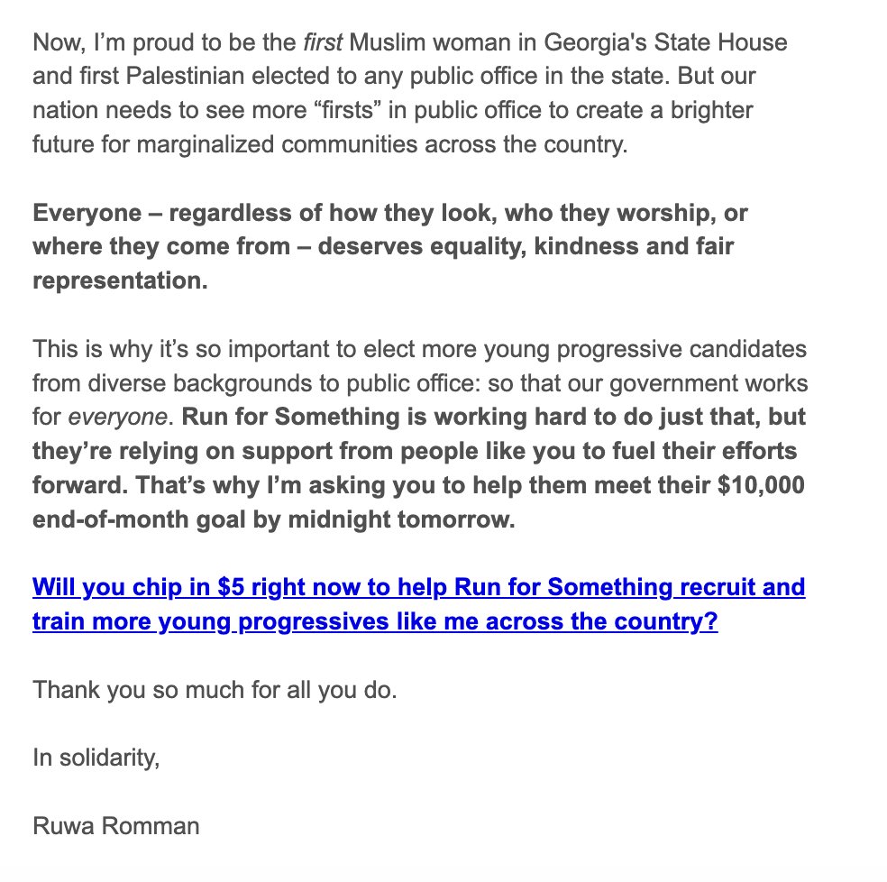 Today @runforsomething supporters got a beautiful email from @Ruwa4Georgia, who made history when she first ran for office and won against the odds in 2022. Her leadership matters.