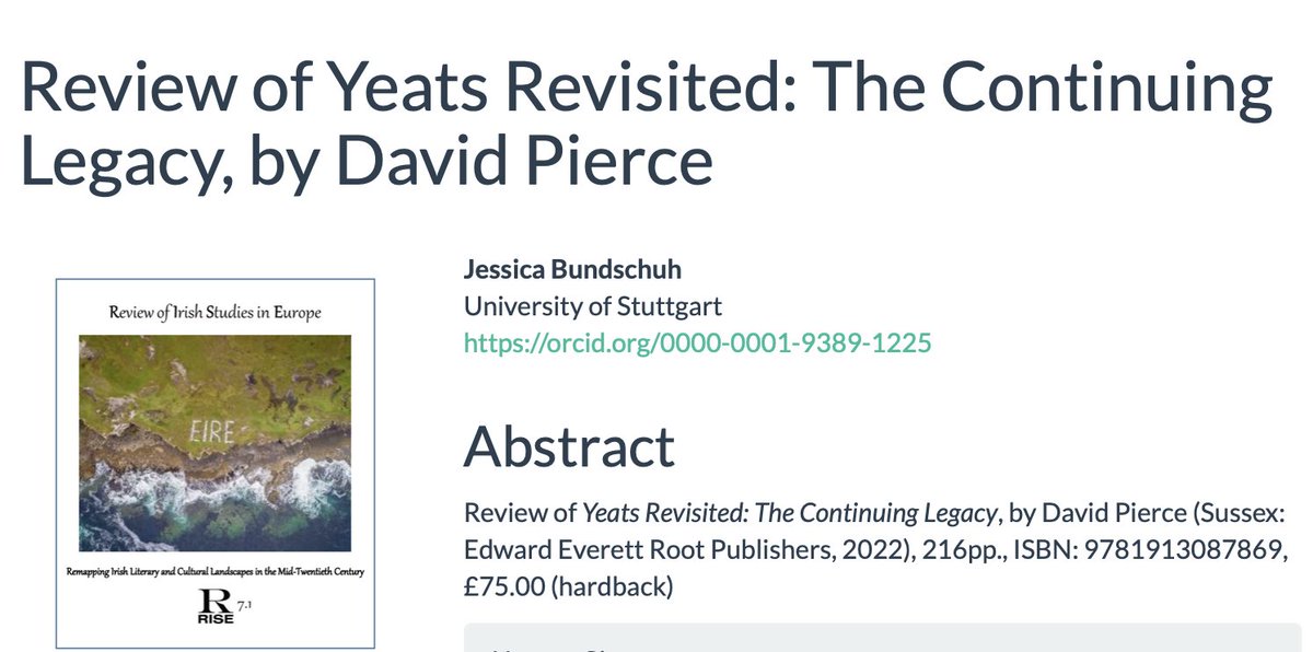 How exciting to have a new open-access issue of RISE from <a href="/e_efacis/">EFACIS</a> on 'Remapping Irish Literary and Cultural Landscapes'! Thanks to the efforts of Seán Crosson &amp; Sylvie Mikowski &amp; Sien Deltour, among others. I reviewed Yeats Revisited from David Pierce: risejournal.eu/index.php/rise….