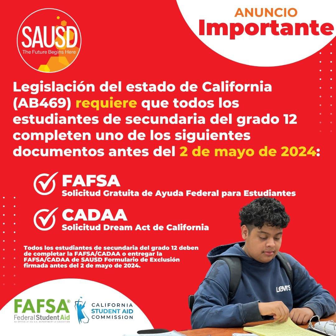 📆 Reminder: #SAUSD seniors have until May 2, 2024 to apply for FAFSA or CADAA, as outlined in AB 469. Visit our website for important details on this requirement: bit.ly/3HsCcQn 

#WeAreSAUSD #SAUSDBetterTogether