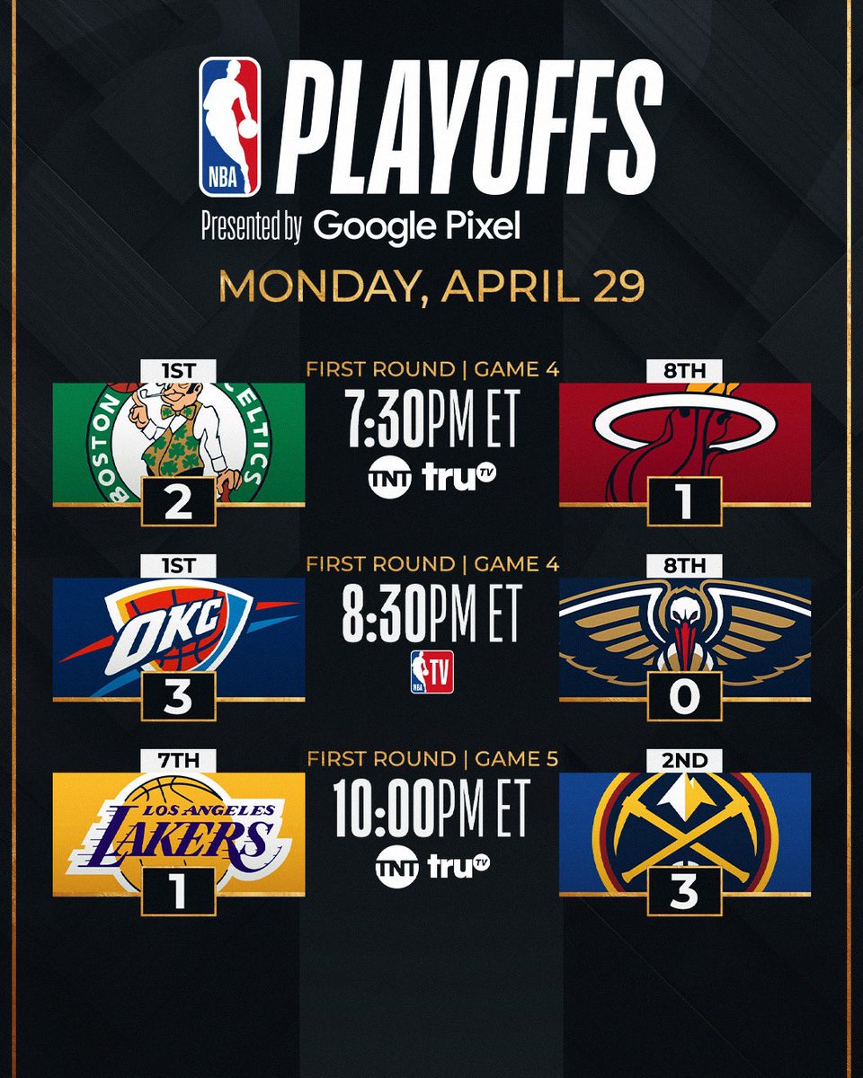 Monday playoff action 🍿 ▪️ MIA looks to tie series 2-2 ▪️ NOP tries to stave off elimination against OKC ▪️ DEN, LAL seek a huge Game 5 win in Denver The #NBAPlayoffs presented by Google Pixel continue tonight on TNT, TruTV, and NBA TV.