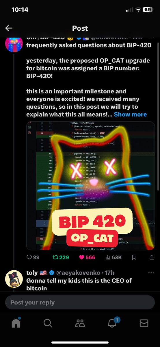 @kokid951 Have a look into $opcat

its satoshis cat and at the same time the #op_cat code 

the op_cate code goes online tomorrow on the bitcoin signet, this is a revolution. #BIP420 

even toly is supporting it 

cant fade satoshi and our team today is day 100 of @OfficialOpcat and we